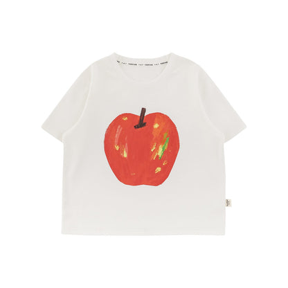 白のコットンTシャツ、赤いりんごのペイント風プリント