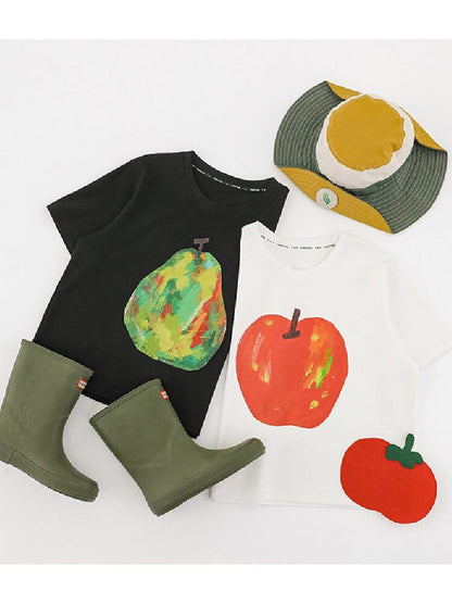 ブラック＆ホワイトのコットンTシャツ、フルーツアートプリント2種