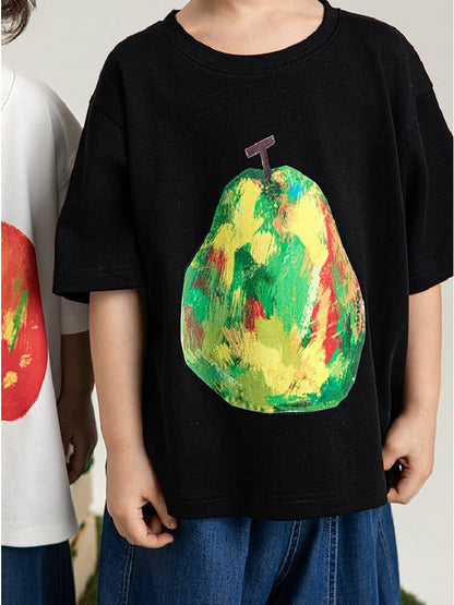 ブラックのコットンTシャツ、洋梨風のフルーツ風プリント