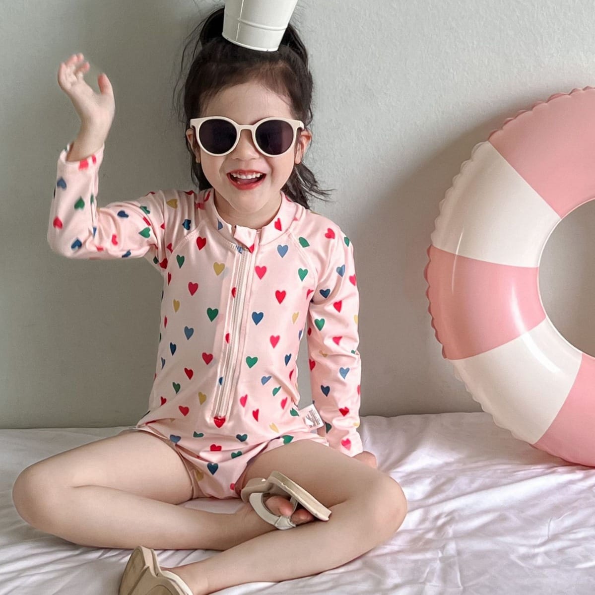 Fruit Print Long-Sleeve One-Piece Swimwear ラッフル 長袖ワンピース水着【mh0013347】 Colored heart / 90cm mamahalo kids ベビー用水着