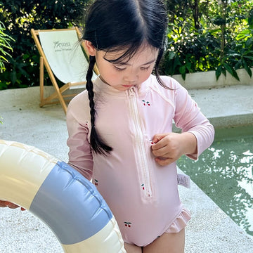 Fruit Print Long-Sleeve One-Piece Swimwear ラッフル 長袖ワンピース水着【mh0013347】 Pink cherry / 90cm mamahalo kids ベビー用水着