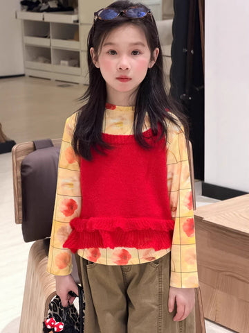 Full Printed Flower Long Sleeve Tee フラワープリント 長袖Tシャツ【mh0012355】 Red Camisole / 100cm KUMAI.KIDS