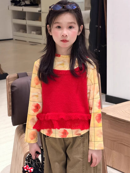 Full Printed Flower Long Sleeve Tee フラワープリント 長袖Tシャツ【mh0012355】 Red Camisole / 100cm KUMAI.KIDS