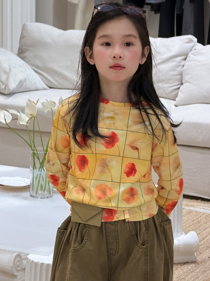 Full Printed Flower Long Sleeve Tee フラワープリント 長袖Tシャツ【mh0012355】 Yellow T-shirt / 100cm KUMAI.KIDS