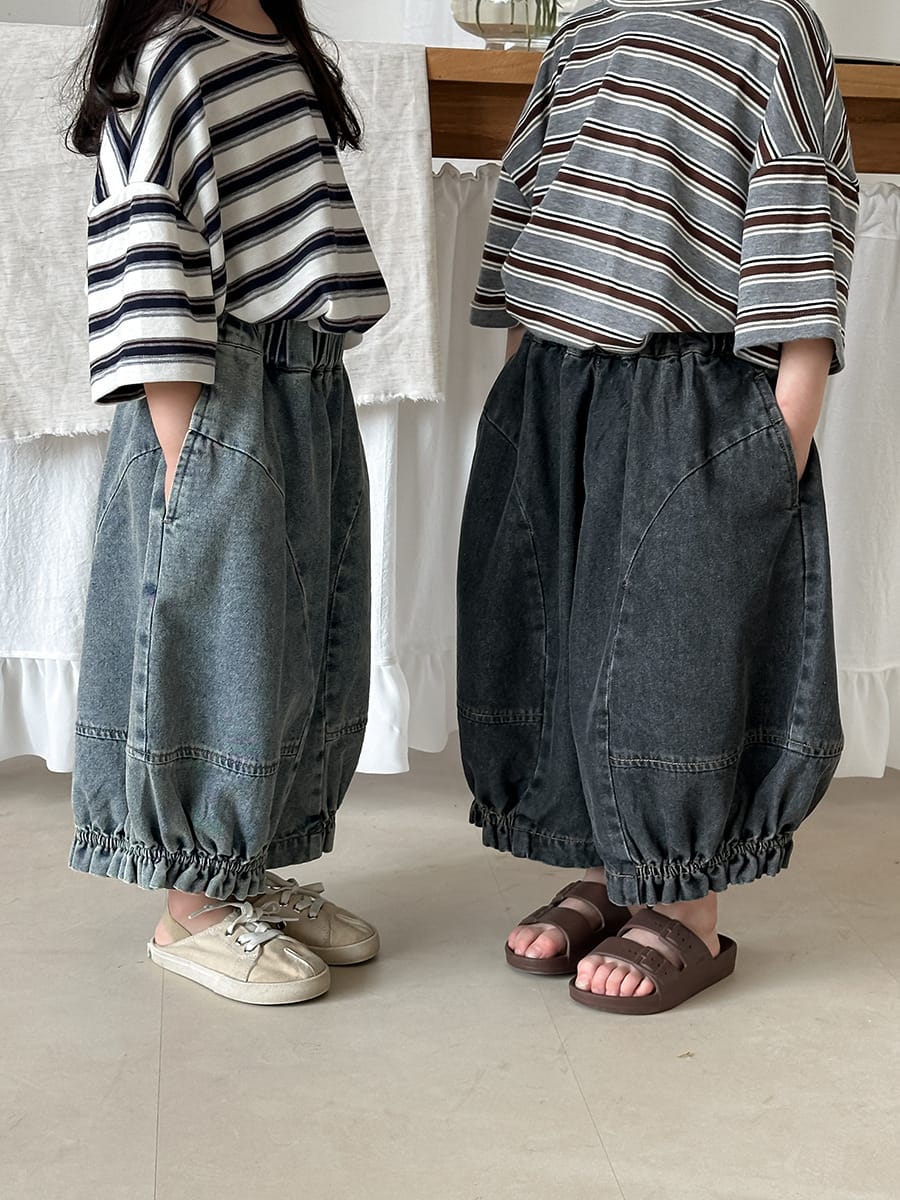 Gentered Pleated Elastic Denim Capris ウォッシュ クロップドパンツ【mh0013464】 Jiaye Kids デニムパンツ