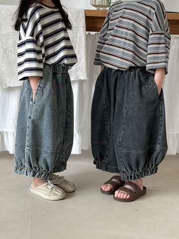 Gentered Pleated Elastic Denim Capris ウォッシュ クロップドパンツ【mh0013464】 Jiaye Kids デニムパンツ