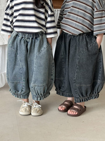 Gentered Pleated Elastic Denim Capris ウォッシュ クロップドパンツ【mh0013464】 Jiaye Kids デニムパンツ