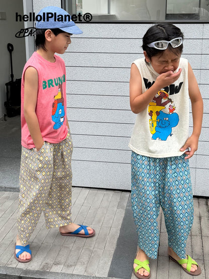 幾何柄ロングパンツ（薄いグレー系）とダイヤ柄ロングパンツ（青）、紐付き