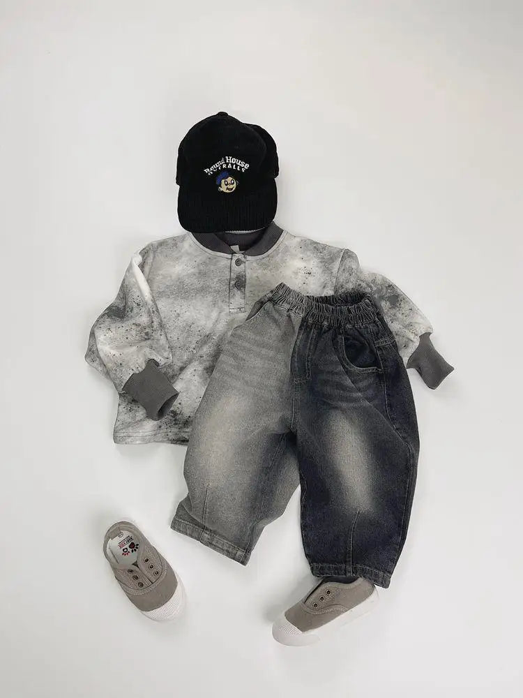 デニムパンツ キッズパンツ パッチワークバイカラーデニムパンツ ルーズワイドジーンズ 2カラー【mh0007233】