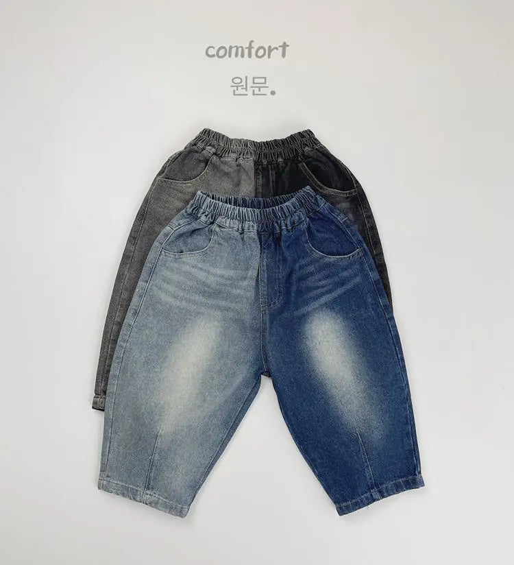 デニムパンツ キッズパンツ パッチワークバイカラーデニムパンツ ルーズワイドジーンズ 2カラー【mh0007233】