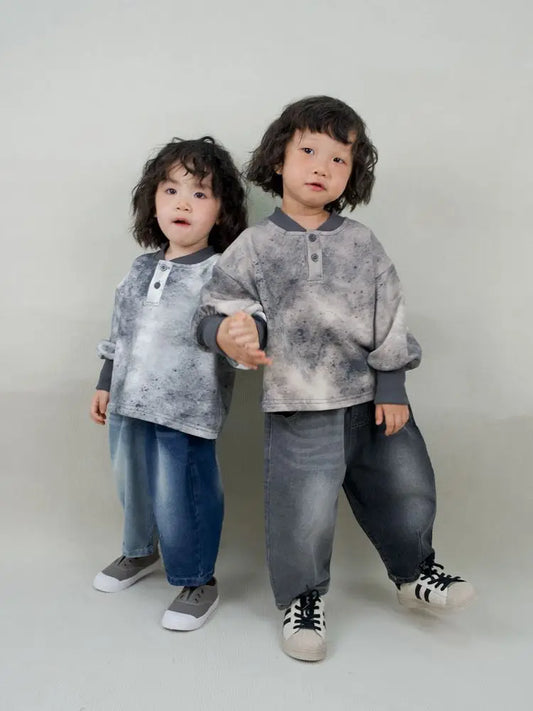 デニムパンツ キッズパンツ パッチワークバイカラーデニムパンツ ルーズワイドジーンズ 2カラー【mh0007233】