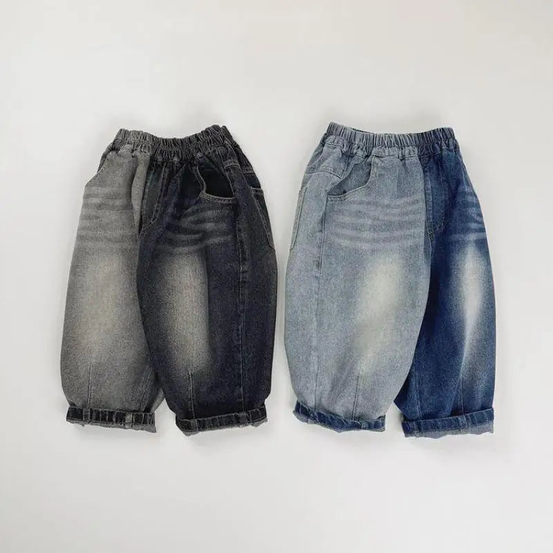 デニムパンツ キッズパンツ パッチワークバイカラーデニムパンツ ルーズワイドジーンズ 2カラー【mh0007233】