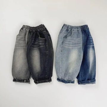 デニムパンツ キッズパンツ パッチワークバイカラーデニムパンツ ルーズワイドジーンズ 2カラー【mh0007233】