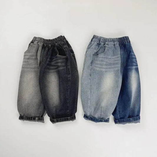 デニムパンツ キッズパンツ パッチワークバイカラーデニムパンツ ルーズワイドジーンズ 2カラー【mh0007233】