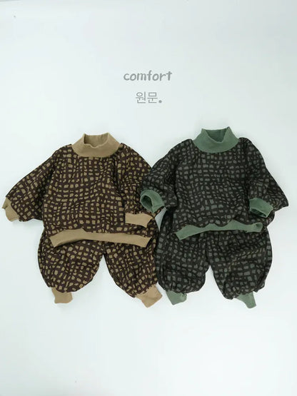 長袖セットアップ キッズセットアップ 2点セット モザイクチェックハイネック長袖スウェットトレーナー+ロングスウェットジョガーパンツ【mh0008131】