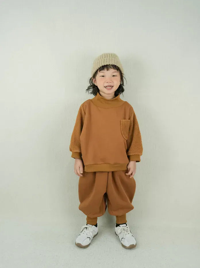 長袖セットアップ キッズセットアップ 2点セット ハイネック裏フリース長袖スウェットトレーナー+バルーンスウェットジョガーパンツ【mh0008134】