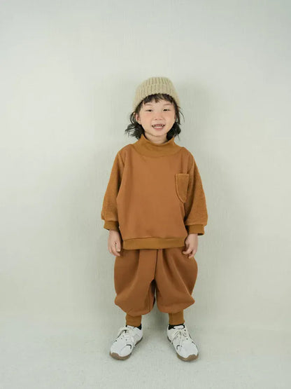 長袖セットアップ キッズセットアップ 2点セット ハイネック裏フリース長袖スウェットトレーナー+バルーンスウェットジョガーパンツ【mh0008134】