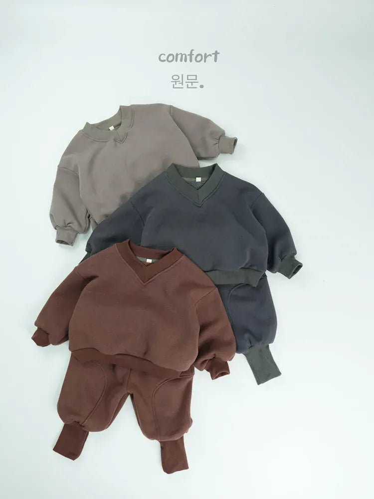 長袖セットアップ キッズセットアップ 2点セット シンプル長袖Vネックスウェットトレーナー+ロングスウェットジョガーパンツ【mh0008129】