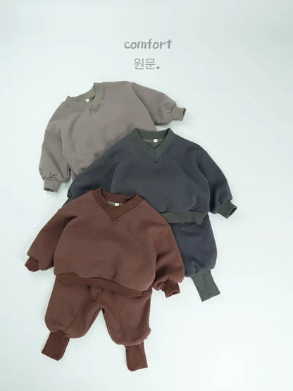 長袖セットアップ キッズセットアップ 2点セット シンプル長袖Vネックスウェットトレーナー+ロングスウェットジョガーパンツ【mh0008129】