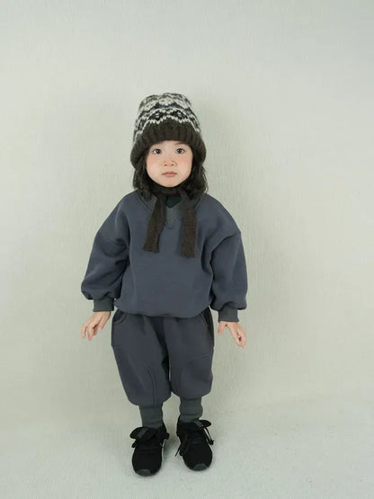 長袖セットアップ キッズセットアップ 2点セット シンプル長袖Vネックスウェットトレーナー+ロングスウェットジョガーパンツ【mh0008129】