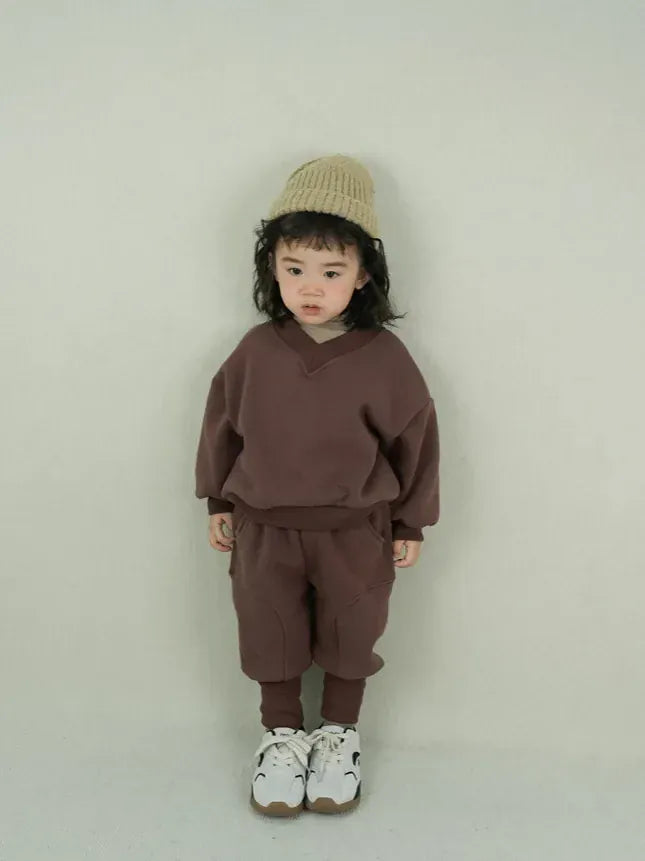 長袖セットアップ キッズセットアップ 2点セット シンプル長袖Vネックスウェットトレーナー+ロングスウェットジョガーパンツ【mh0008129】