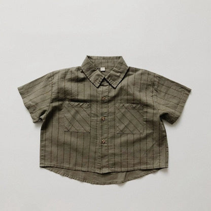 ハーフパンツ・ショートパンツ army green Shirts / 12M/80cm キッズ コットンリネン ストライプ 半袖 シャツ ショートパンツ ベージュ アーミーグリーン ボーイズ【mh0002095】