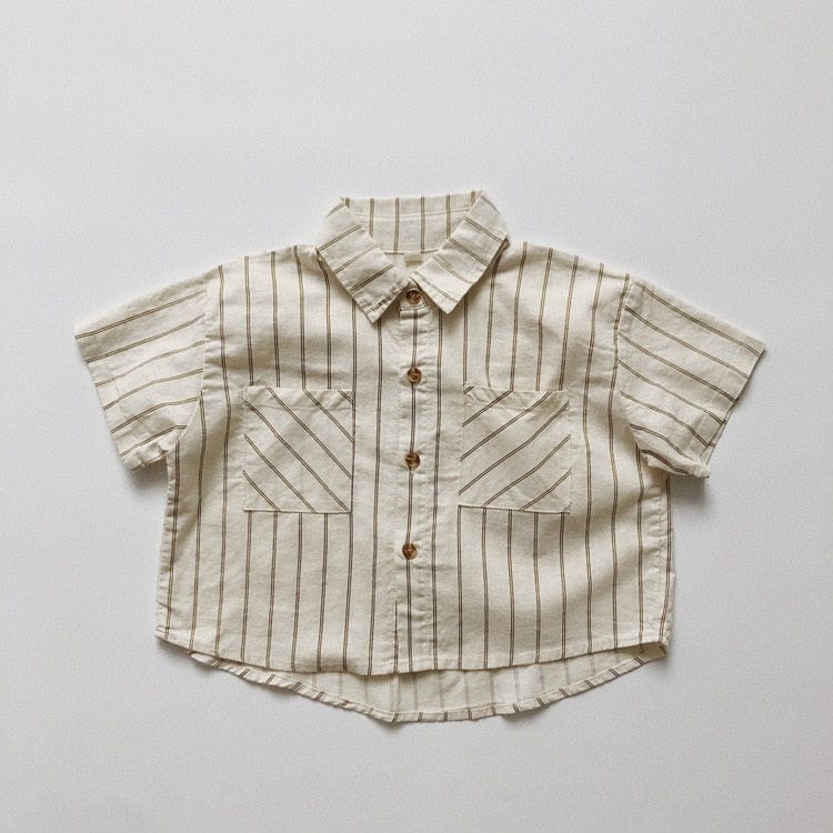 ハーフパンツ・ショートパンツ beige Shirts / 12M/80cm キッズ コットンリネン ストライプ 半袖 シャツ ショートパンツ ベージュ アーミーグリーン ボーイズ【mh0002095】