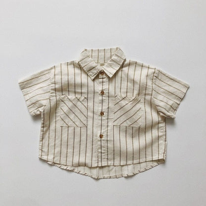 ハーフパンツ・ショートパンツ beige Shirts / 12M/80cm キッズ コットンリネン ストライプ 半袖 シャツ ショートパンツ ベージュ アーミーグリーン ボーイズ【mh0002095】