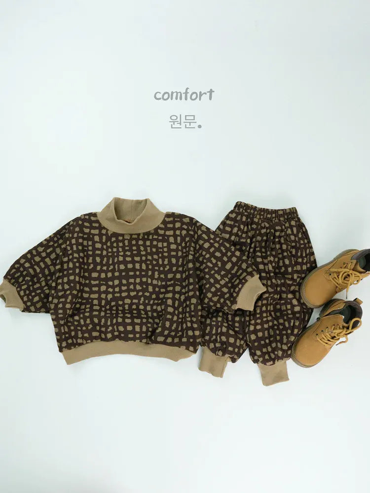 長袖セットアップ Brown / 12M  80CM キッズセットアップ 2点セット モザイクチェックハイネック長袖スウェットトレーナー+ロングスウェットジョガーパンツ【mh0008131】