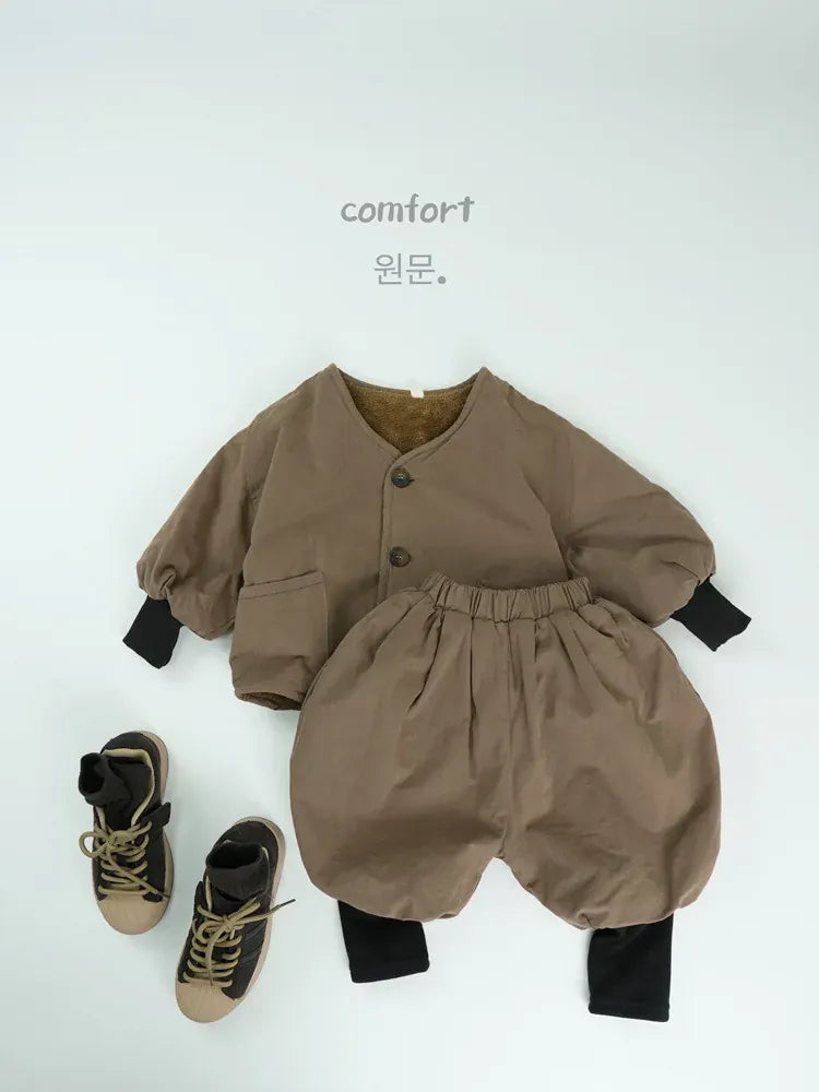 長袖セットアップ Brown / 12M  80CM キッズセットアップ 2点セット 裏フリースリブ袖ジャケット+バルーンジョガーパンツ【mh0008133】