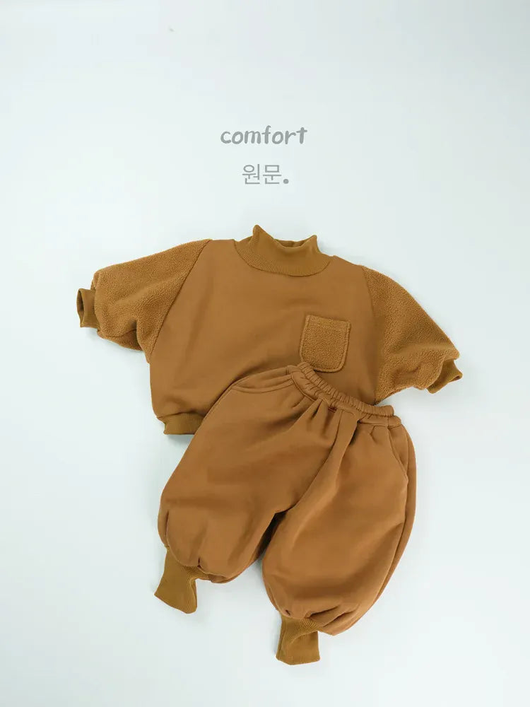 長袖セットアップ Brown / 12M  80CM キッズセットアップ 2点セット ハイネック裏フリース長袖スウェットトレーナー+バルーンスウェットジョガーパンツ【mh0008134】