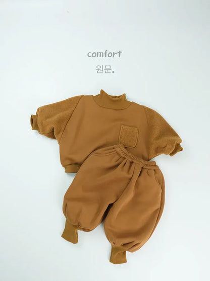 長袖セットアップ Brown / 12M  80CM キッズセットアップ 2点セット ハイネック裏フリース長袖スウェットトレーナー+バルーンスウェットジョガーパンツ【mh0008134】