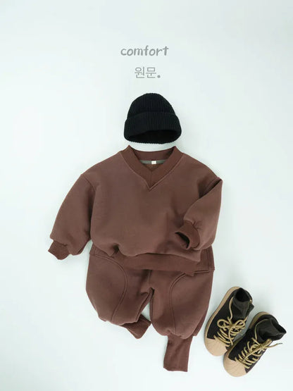 長袖セットアップ Brown / 12M  80CM / 取り寄せ（7〜21日） キッズセットアップ 2点セット シンプル長袖Vネックスウェットトレーナー+ロングスウェットジョガーパンツ【mh0008129】
