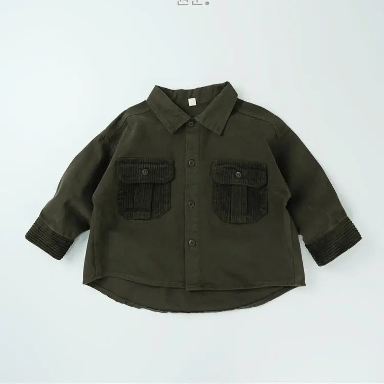 長袖シャツ・ブラウス Dark Green / 12M  80CM キッズトップス コーデュロイパッチワークポケットレトロ長袖シャツ【mh0007873】