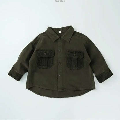 長袖シャツ・ブラウス Dark Green / 12M  80CM キッズトップス コーデュロイパッチワークポケットレトロ長袖シャツ【mh0007873】