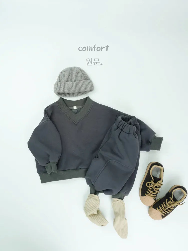 長袖セットアップ Gray / 12M  80CM / 取り寄せ（7〜21日） キッズセットアップ 2点セット シンプル長袖Vネックスウェットトレーナー+ロングスウェットジョガーパンツ【mh0008129】