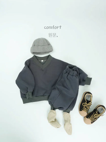 長袖セットアップ Gray / 12M  80CM / 取り寄せ（7〜21日） キッズセットアップ 2点セット シンプル長袖Vネックスウェットトレーナー+ロングスウェットジョガーパンツ【mh0008129】