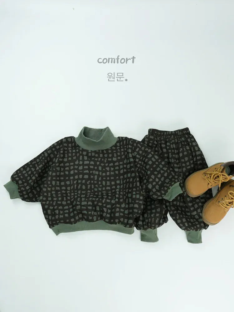 長袖セットアップ Green / 12M  80CM キッズセットアップ 2点セット モザイクチェックハイネック長袖スウェットトレーナー+ロングスウェットジョガーパンツ【mh0008131】