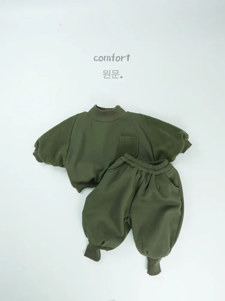 長袖セットアップ Green / 12M  80CM キッズセットアップ 2点セット ハイネック裏フリース長袖スウェットトレーナー+バルーンスウェットジョガーパンツ【mh0008134】