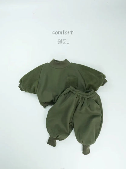 長袖セットアップ Green / 12M  80CM キッズセットアップ 2点セット ハイネック裏フリース長袖スウェットトレーナー+バルーンスウェットジョガーパンツ【mh0008134】