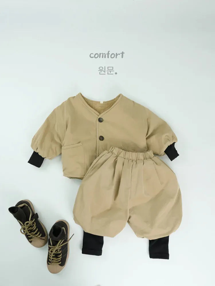 長袖セットアップ Khaki / 12M  80CM キッズセットアップ 2点セット 裏フリースリブ袖ジャケット+バルーンジョガーパンツ【mh0008133】