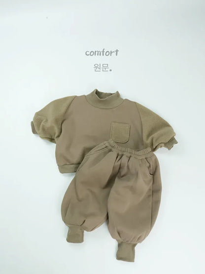 長袖セットアップ Khaki / 12M  80CM キッズセットアップ 2点セット ハイネック裏フリース長袖スウェットトレーナー+バルーンスウェットジョガーパンツ【mh0008134】