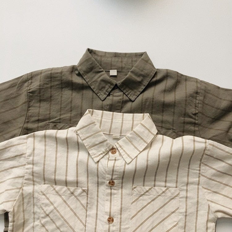 ハーフパンツ・ショートパンツ キッズ コットンリネン ストライプ 半袖 シャツ ショートパンツ ベージュ アーミーグリーン ボーイズ【mh0002095】
