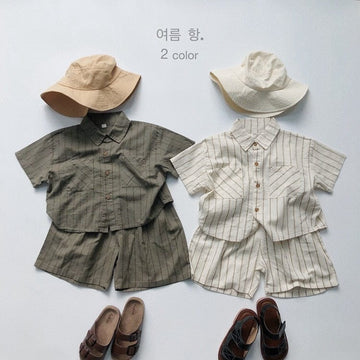 ハーフパンツ・ショートパンツ キッズ コットンリネン ストライプ 半袖 シャツ ショートパンツ ベージュ アーミーグリーン ボーイズ【mh0002095】