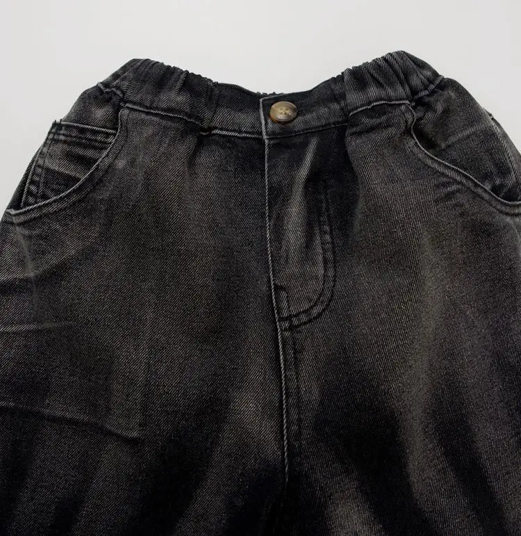 デニムパンツ キッズパンツ ダメージ加工ルーズワイドデニムパンツ ブラックジーンズ【mh0007217】