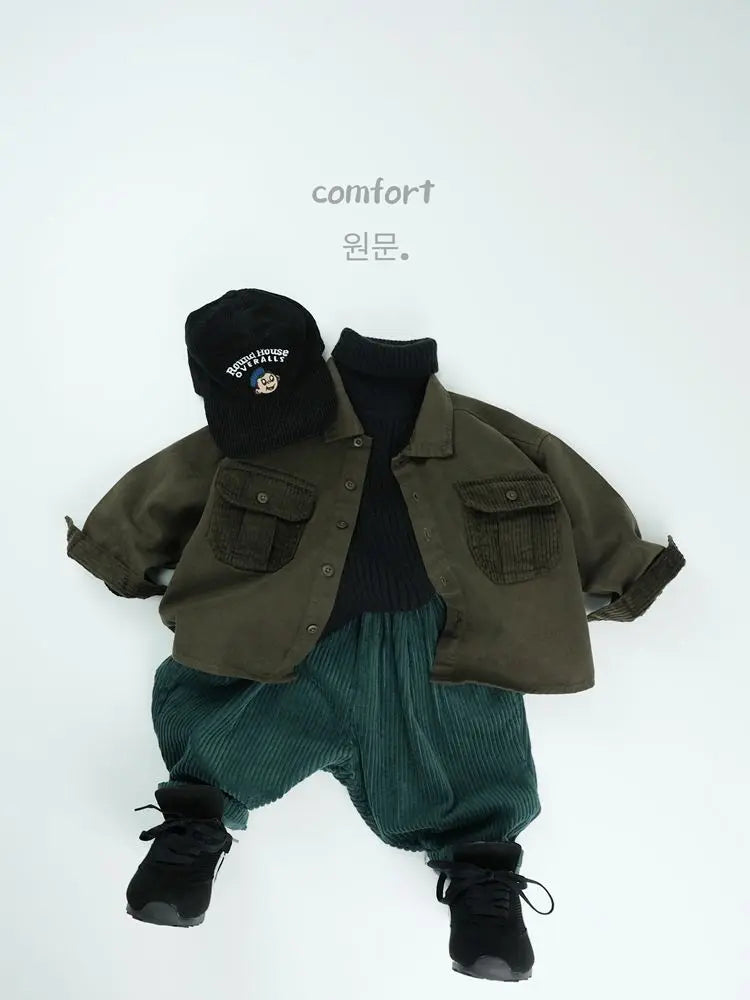 長袖シャツ・ブラウス キッズトップス コーデュロイパッチワークポケットレトロ長袖シャツ【mh0007873】