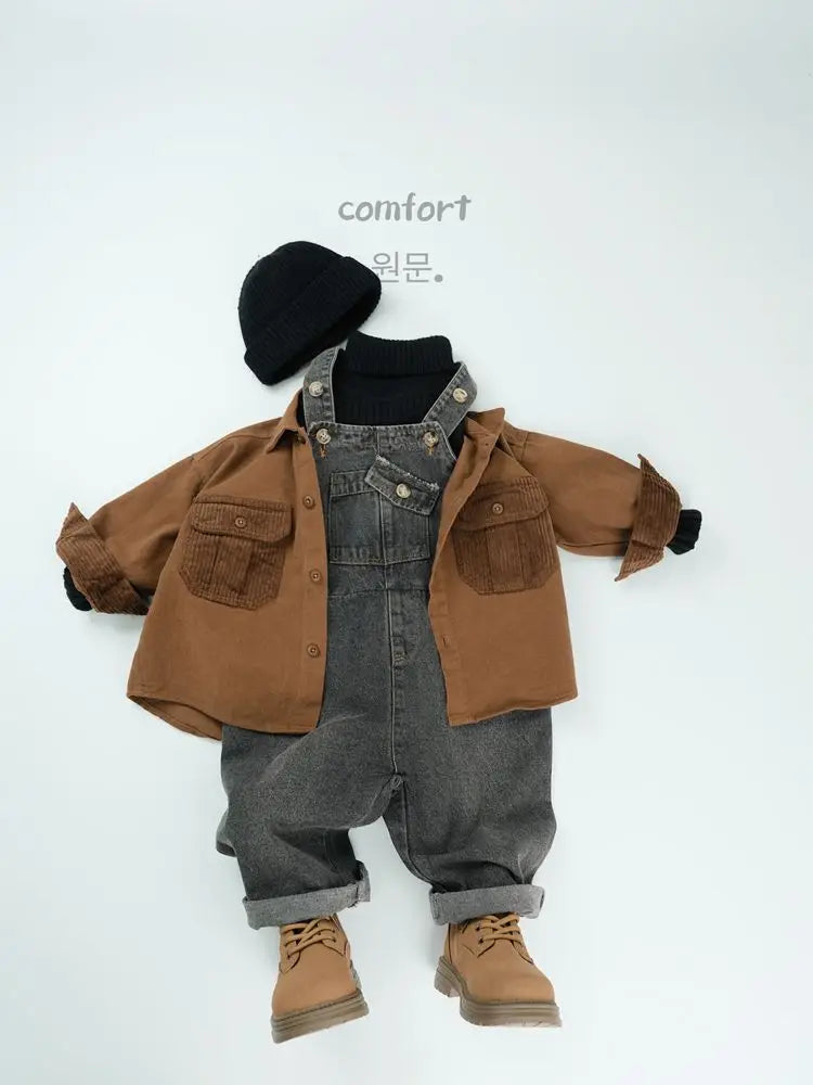 長袖シャツ・ブラウス キッズトップス コーデュロイパッチワークポケットレトロ長袖シャツ【mh0007873】