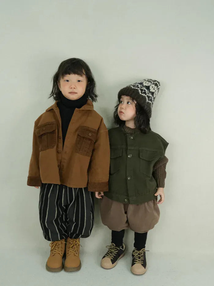 長袖シャツ・ブラウス キッズトップス コーデュロイパッチワークポケットレトロ長袖シャツ【mh0007873】