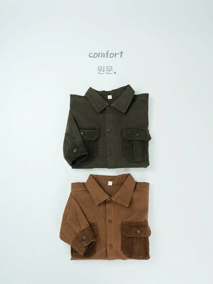 長袖シャツ・ブラウス キッズトップス コーデュロイパッチワークポケットレトロ長袖シャツ【mh0007873】