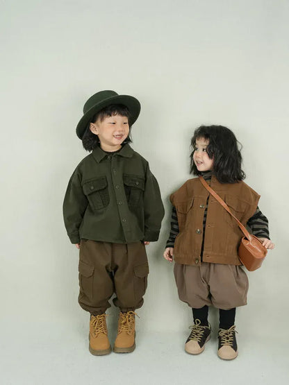 長袖シャツ・ブラウス キッズトップス コーデュロイパッチワークポケットレトロ長袖シャツ【mh0007873】